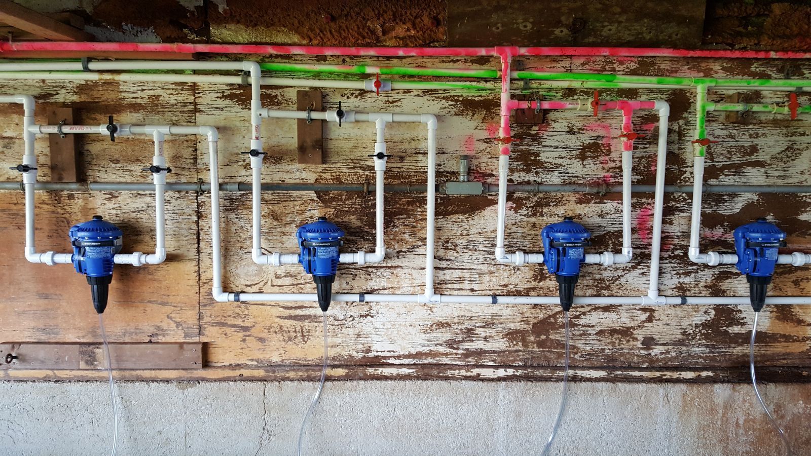 Four blue water meters mounted on a wall with white pipes and red-green overhead lines