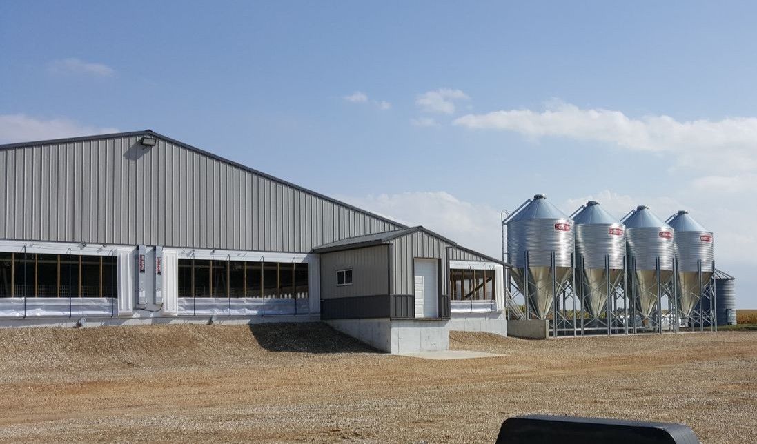 Metal barn and grain silos in a rural farmyard under a clear sky