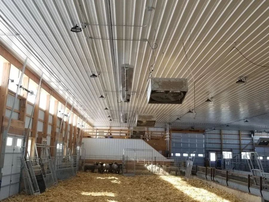 Empty indoor horse arena with sand floor, metal railings, and a high corrugated ceiling