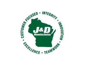 Green J&D Manufacturing logo with circular words: Customer Focused, Integrity, Innovation, Excellence, Teamwork