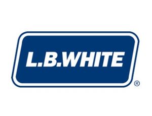 L.B. White white logo on a blue rounded rectangle background