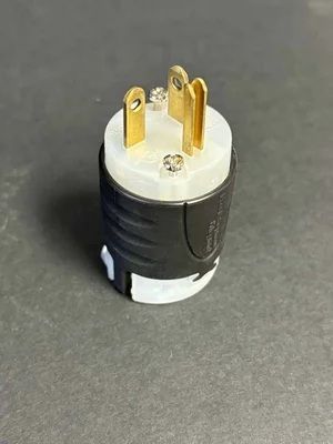 Black cylindrical electrical plug adapter with gold prongs on a gray background