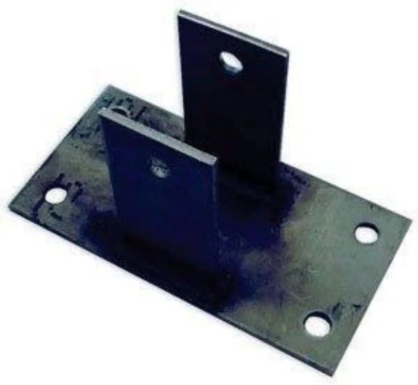 Black metal mounting bracket with two vertical plates and four bolt holes on a rectangular base.