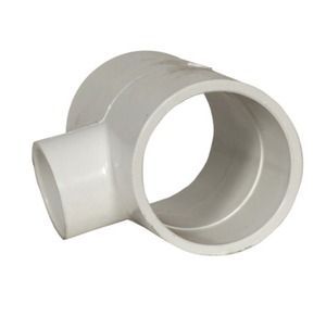 White PVC pipe elbow fitting with a side outlet on a plain background