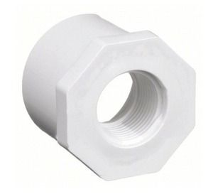 White plastic threaded pipe fitting with hexagonal end, shown on a plain background