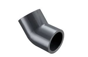 Black angled PVC pipe elbow fitting on a white background