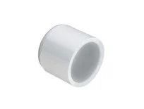 White plastic pipe coupling fitting, cylindrical with a hollow center