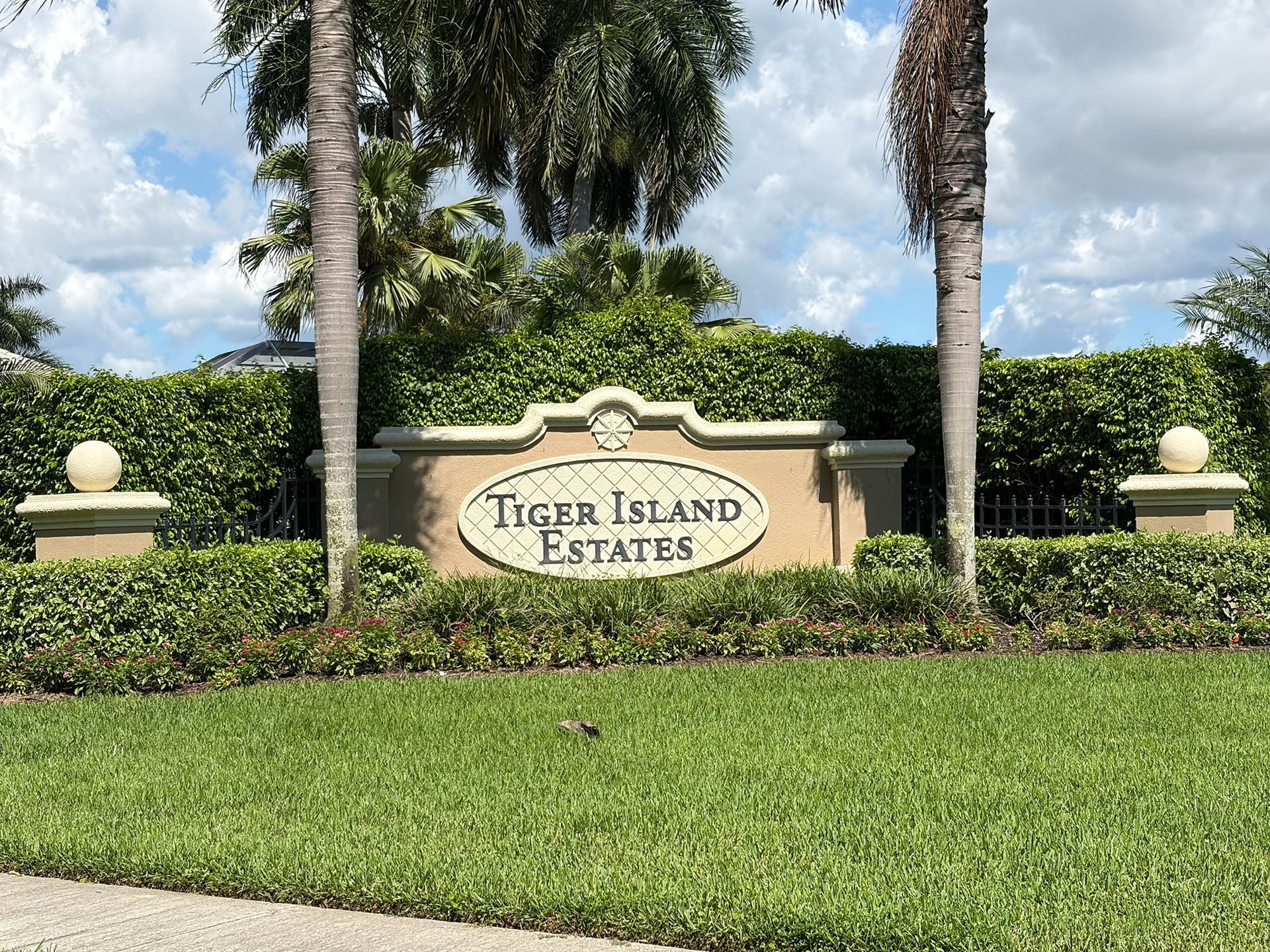 Tiger Island Estates entrance sign with palm trees, hedges, and green lawn under a cloudy sky