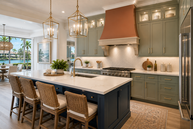 Elegant kitchen with dark island, woven stools, brass pendant lights, and copper range hood