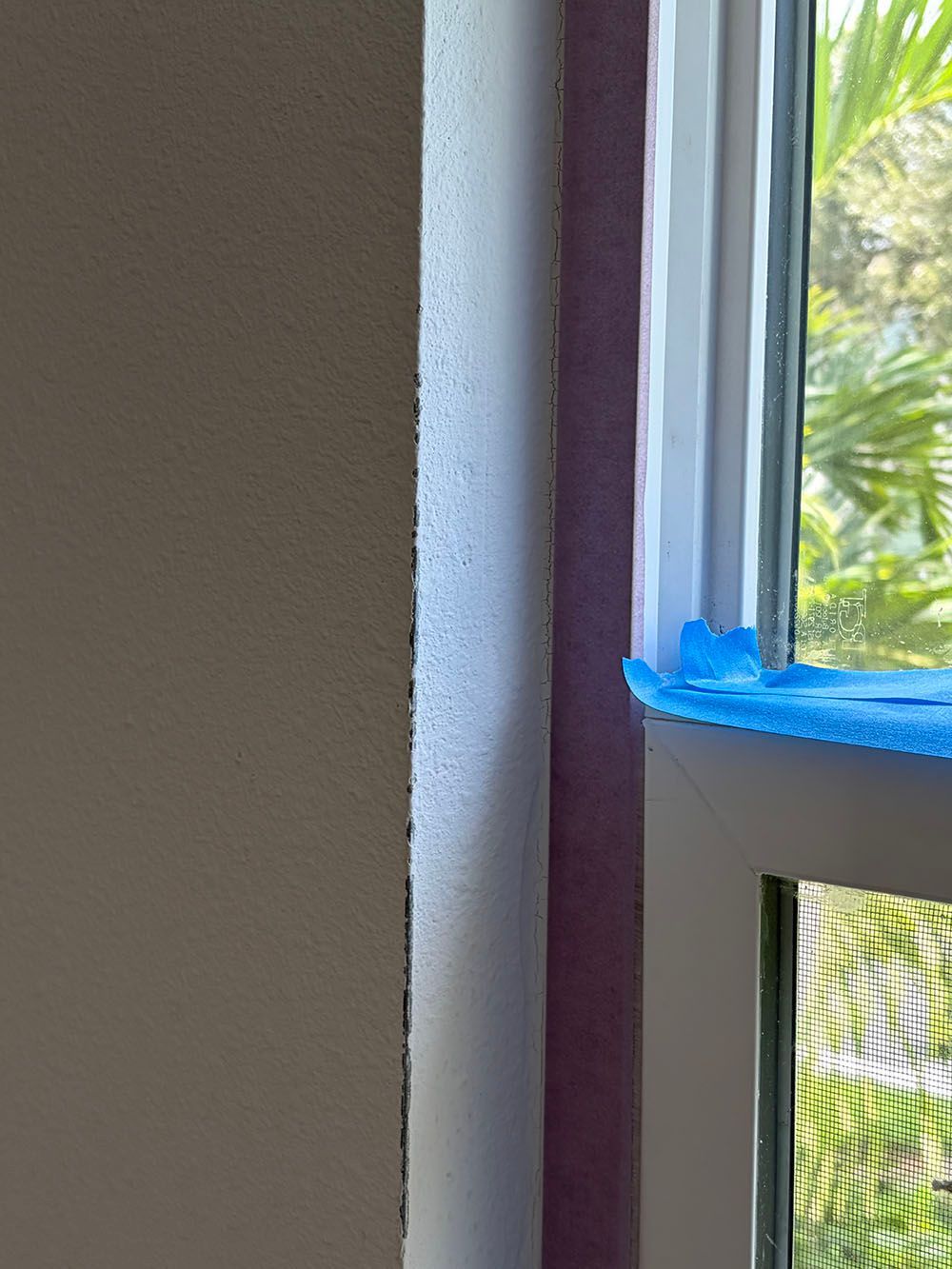 Partially open window with white trim, blue latch, and green foliage outside