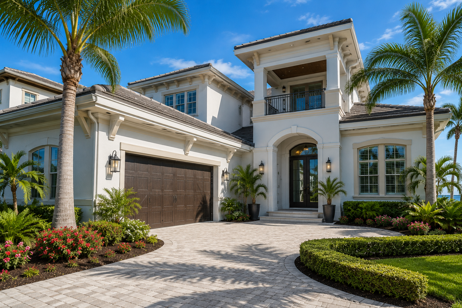 Luxury white Mediterranean-style mansion with palm trees, arched entry, and a stone driveway