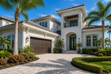 Luxury white Mediterranean-style mansion with palm trees, arched entry, and a stone driveway