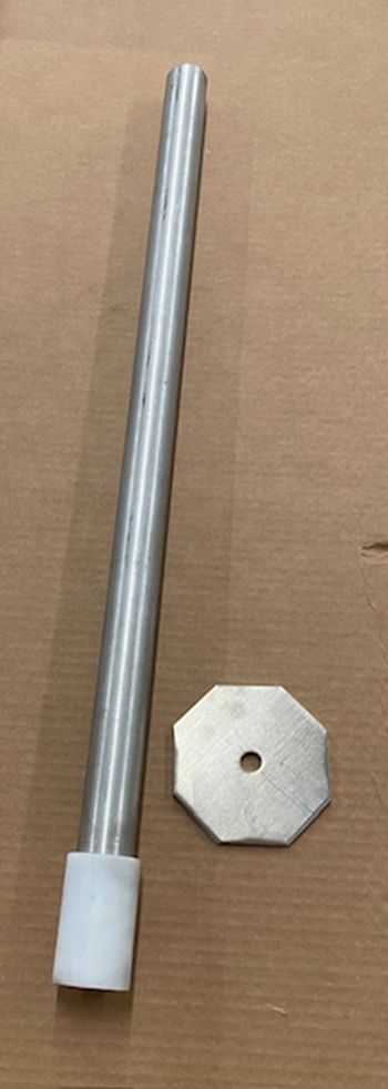 Metal pole with a white rubber stopper and a metallic octagonal plate.