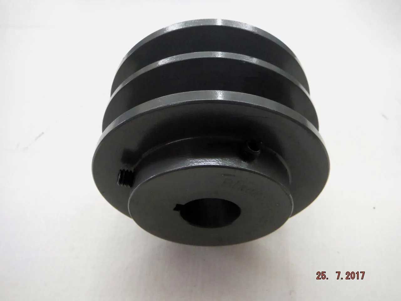 Black, three-groove pulley wheel with a central bore and keyway, likely used in a belt-driven mechanical system.