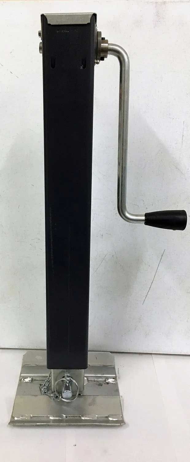 Black trailer jack with a crank handle, on a metal base, against a white background.