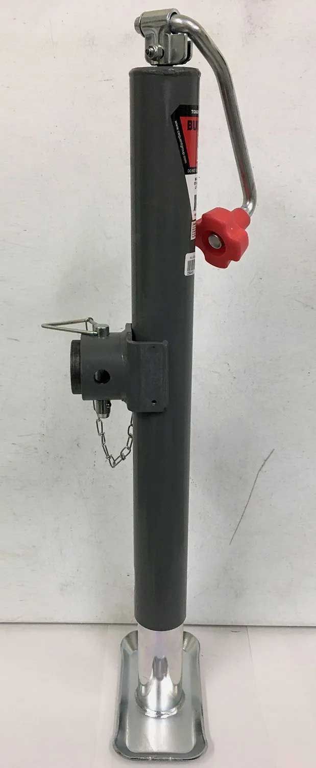 A dark gray trailer jack with a red handle and silver base, set against a white background.