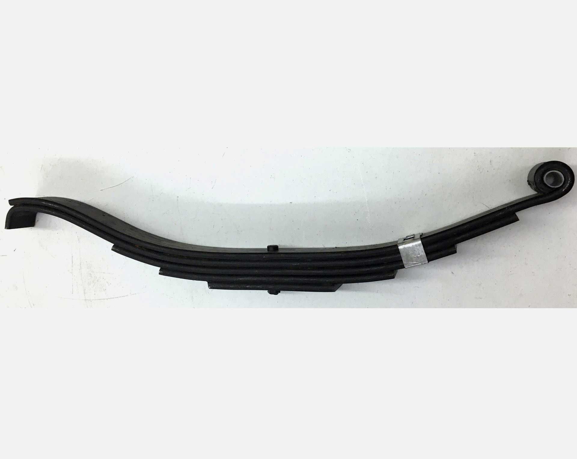 A black leaf spring, curved and layered, likely for vehicle suspension.
