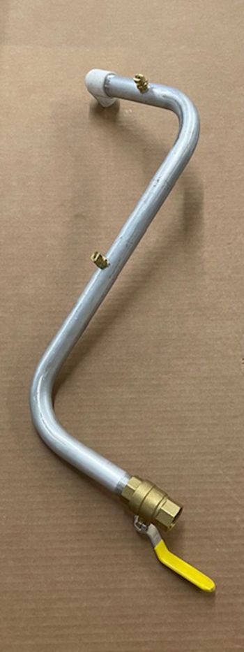 A metal pipe with a yellow valve handle and two small brass fittings.