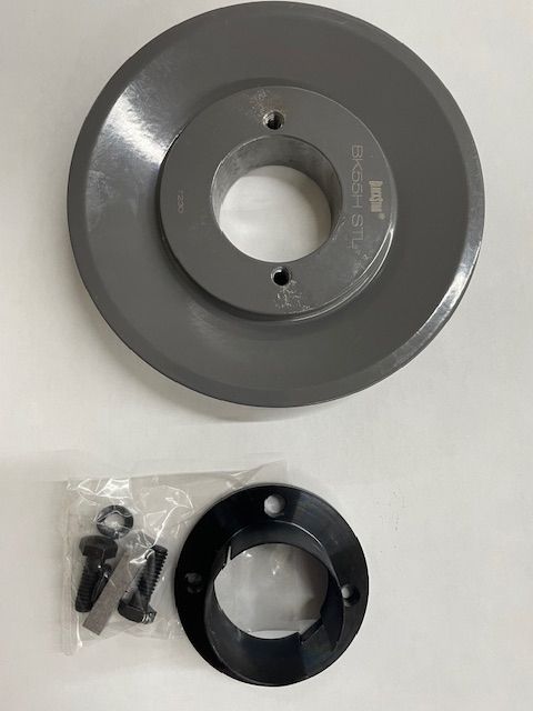 Gray pulley and black hub with mounting bolts and screws.
