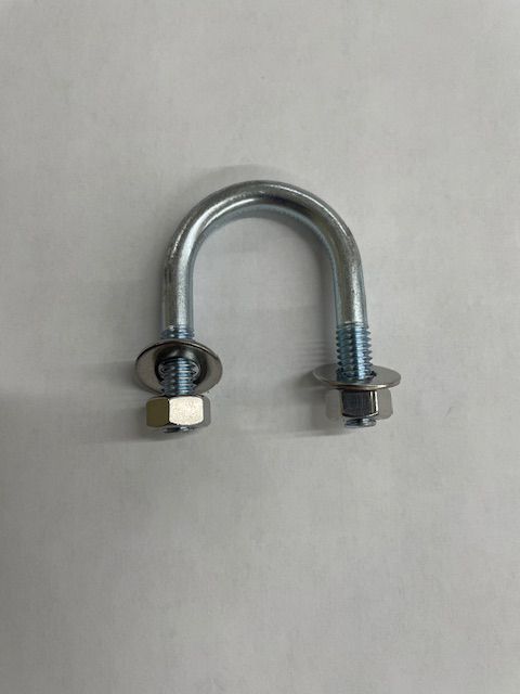 U-bolt with nuts and washers; silver metal against a white background.