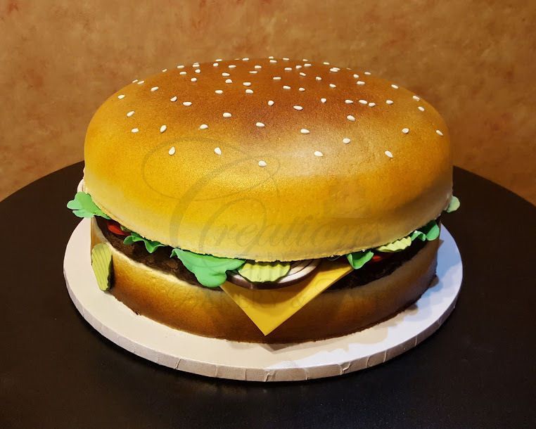 A large hamburger-shaped cake