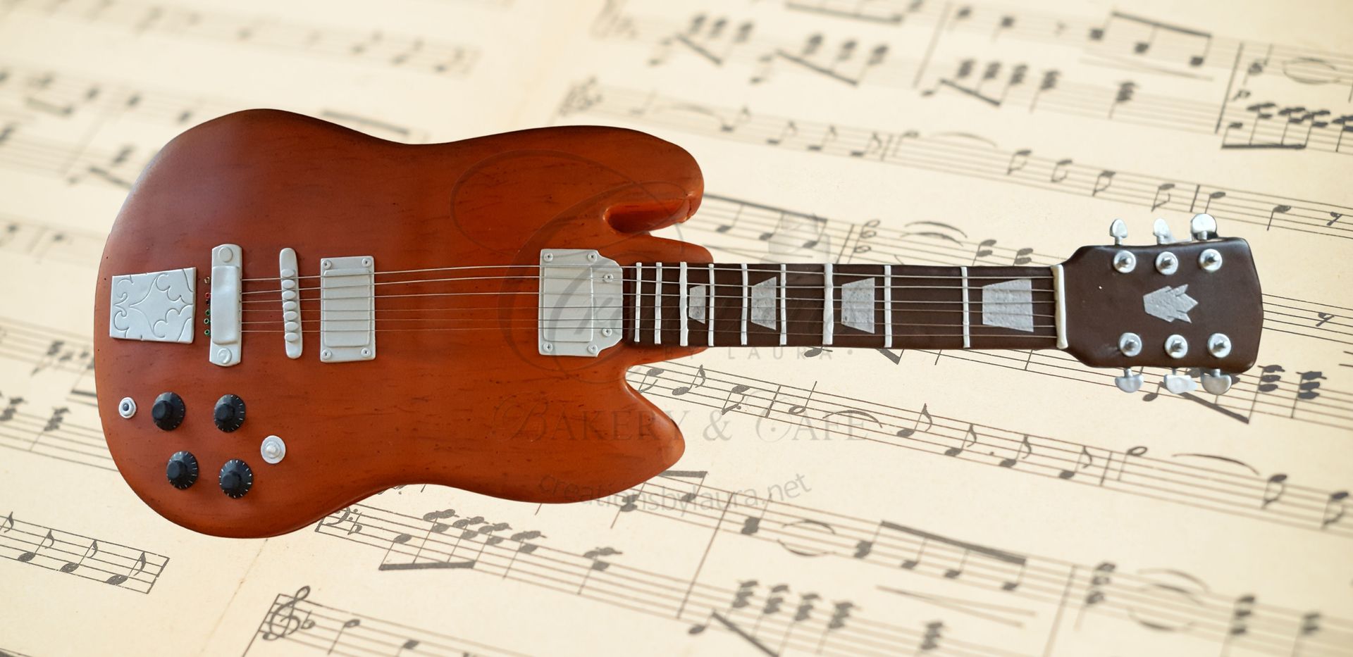 Brown electric guitar on sheet music background