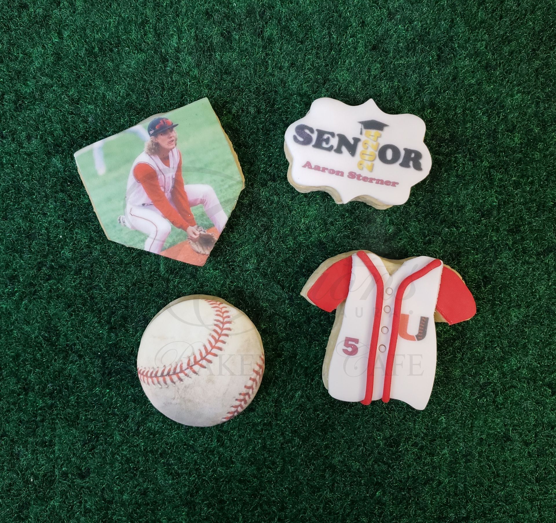 Senior baseball-themed memorabilia on green grass: badge, player photo, baseball, and red-and-white jersey ornament