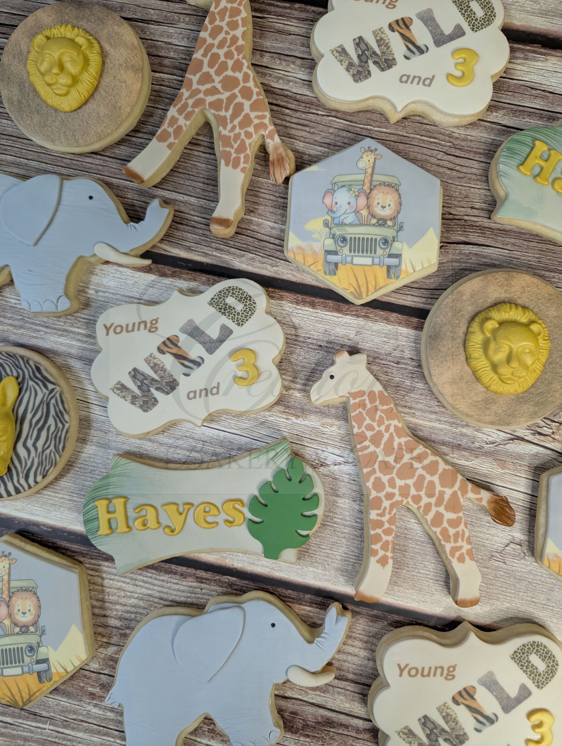Yellow-and-blue baby-themed cookies hanging with elephants, wild-animal cutouts, and the name Hayes.
