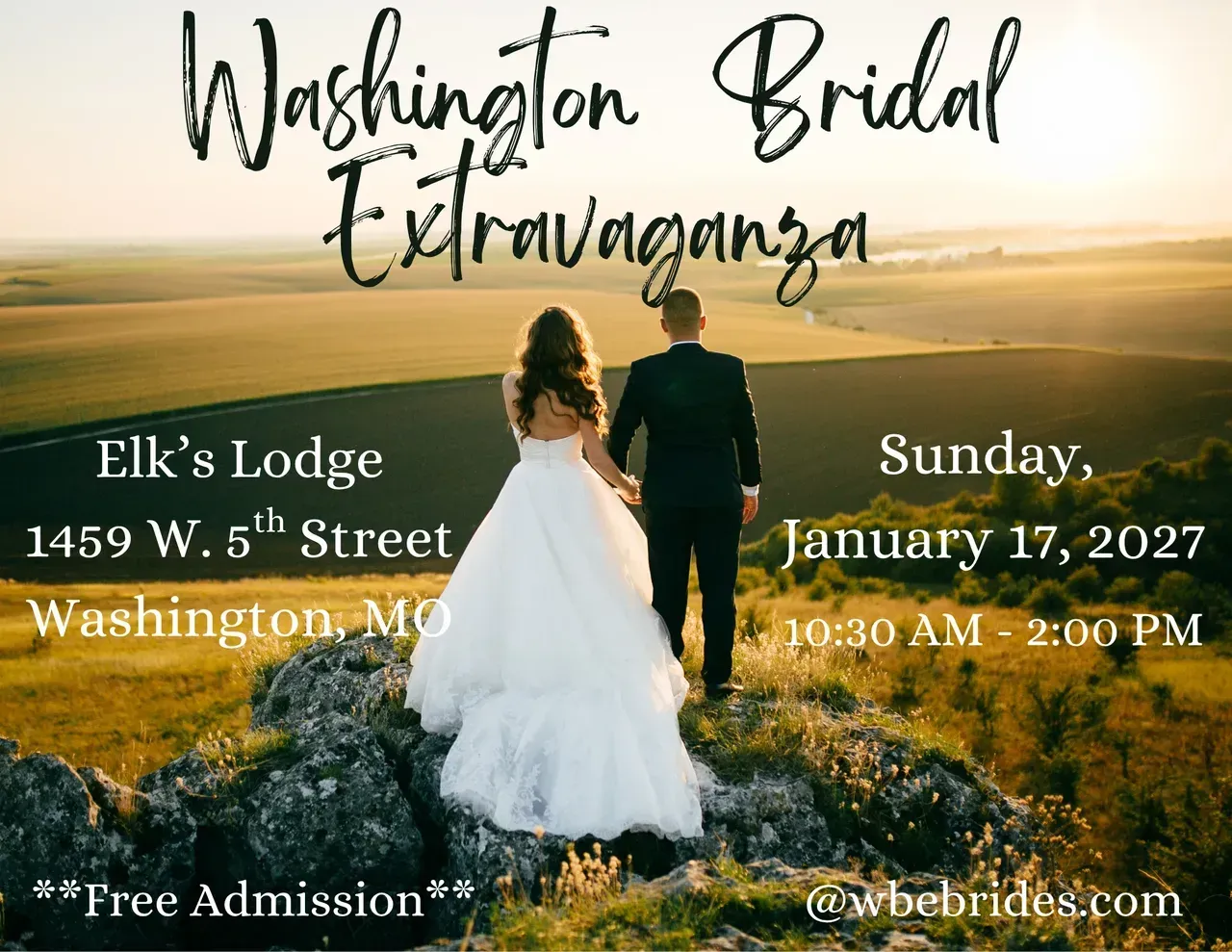 Washington Bridal Extravaganza poster with bride at sunset, Elk’s Lodge, Washington, Sunday Jan. 17, 2027.