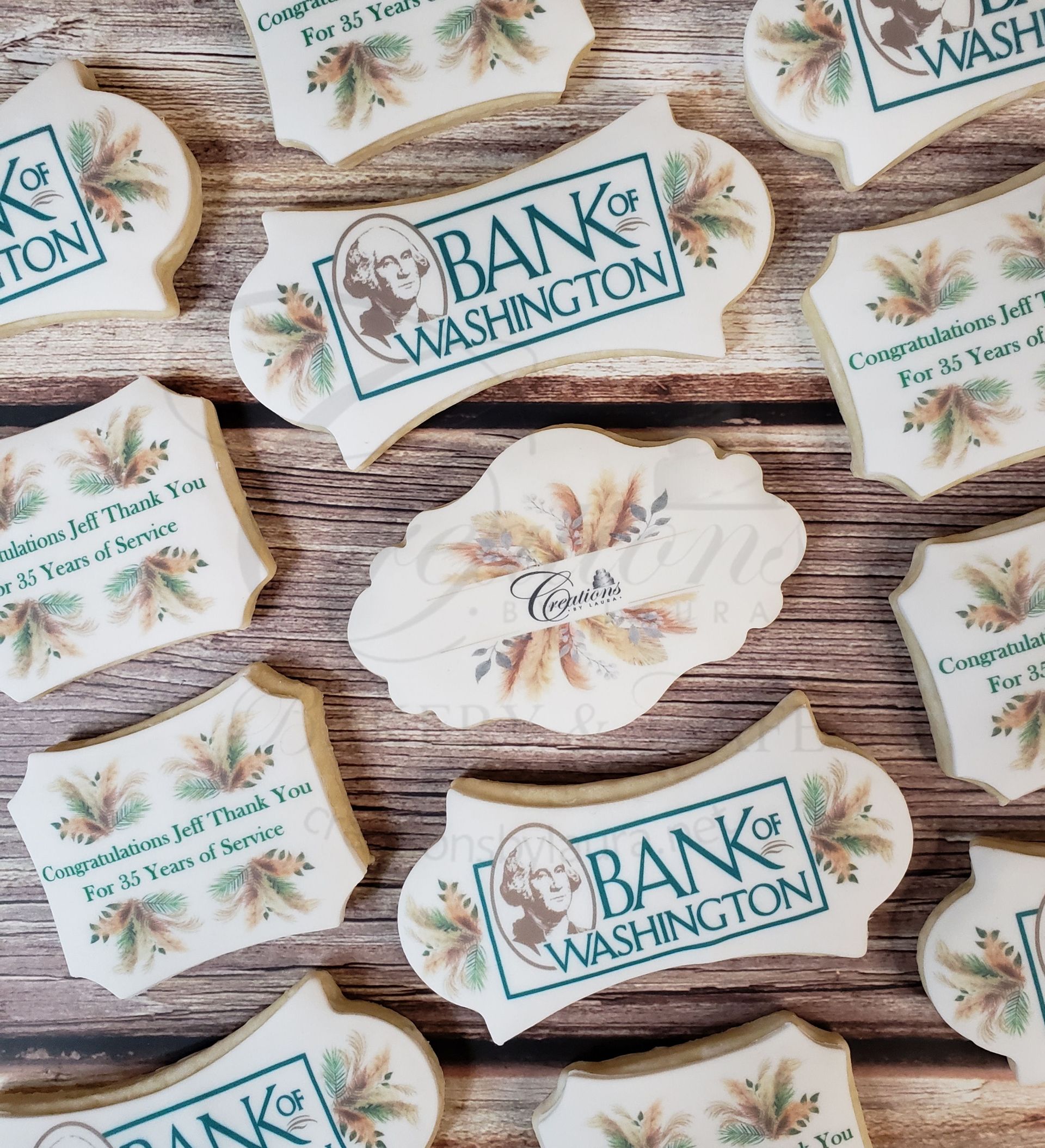 Assorted Bank of Washington-branded label stickers with floral designs on a wood background.