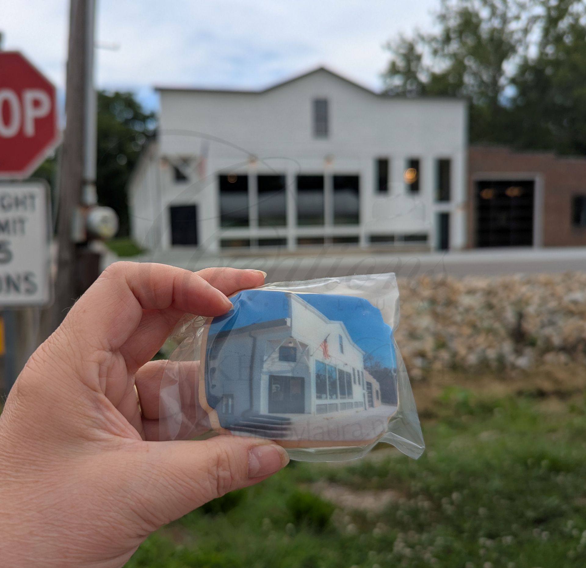 Hand holding a small packaged miniature of a white house in front of a real house and stop sign.