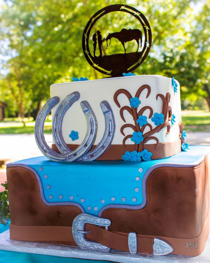 Stacked cowboy-themed cake with blue and brown icing, silver horseshoes, and a horse topper outdoors