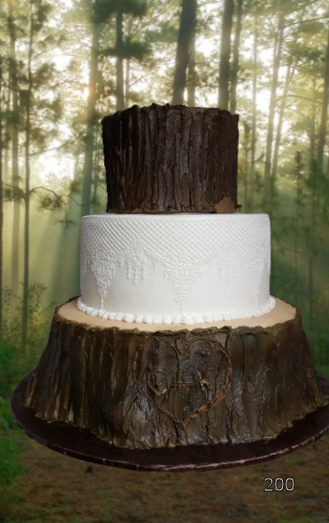 Two-tier cake styled like a tree stump in a forest setting with trees in the background