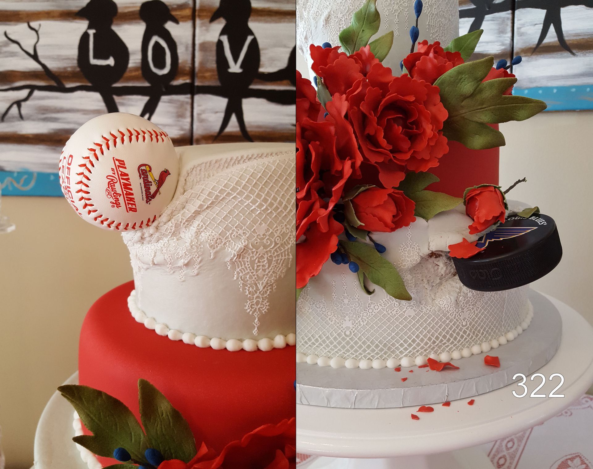 Elegant decorated cakes with red flowers and white lace detail on a table, with “LOVE” in the background