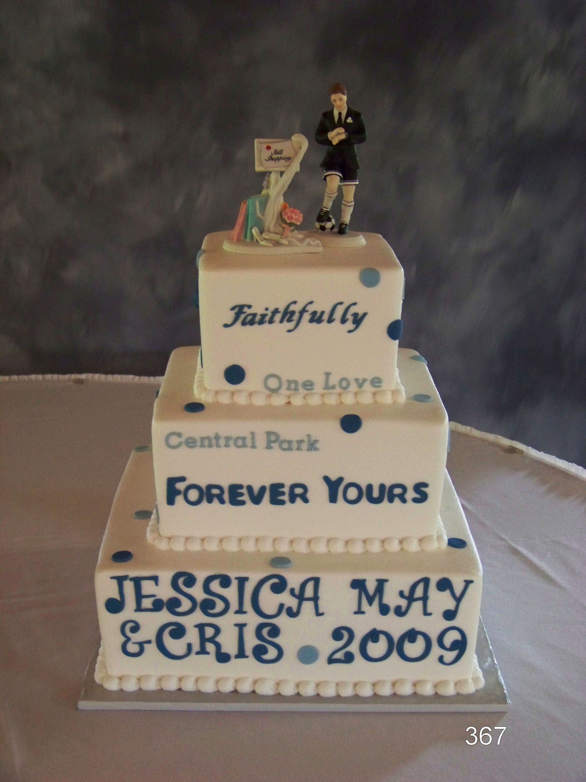 Three-tier memorial cake reading “Jessica May & Cris 2009,” with “Forever Yours” and a small figurine on top