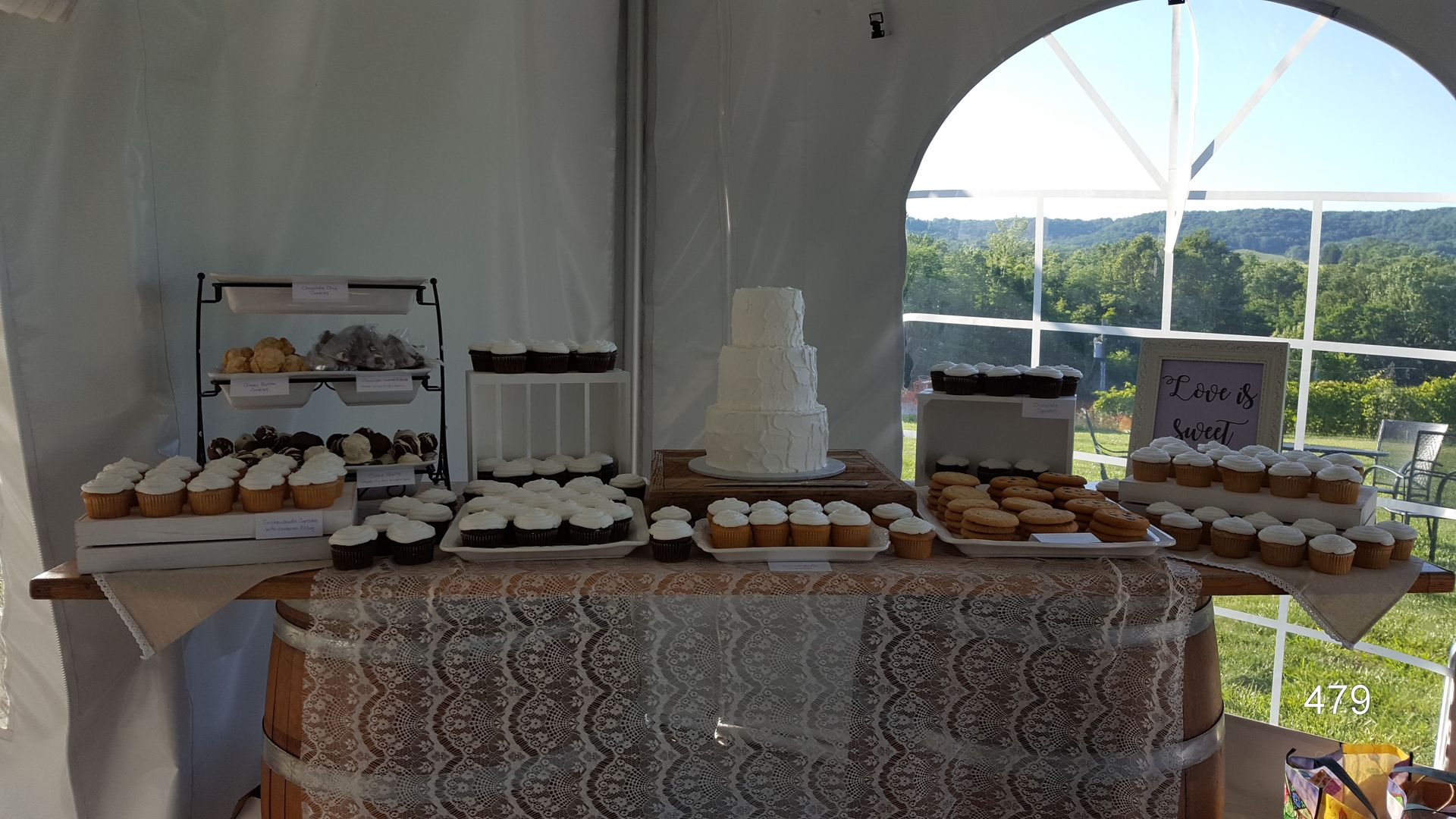 Dessert buffet table with cupcakes, pastries, and cake in a white tent overlooking a green landscape