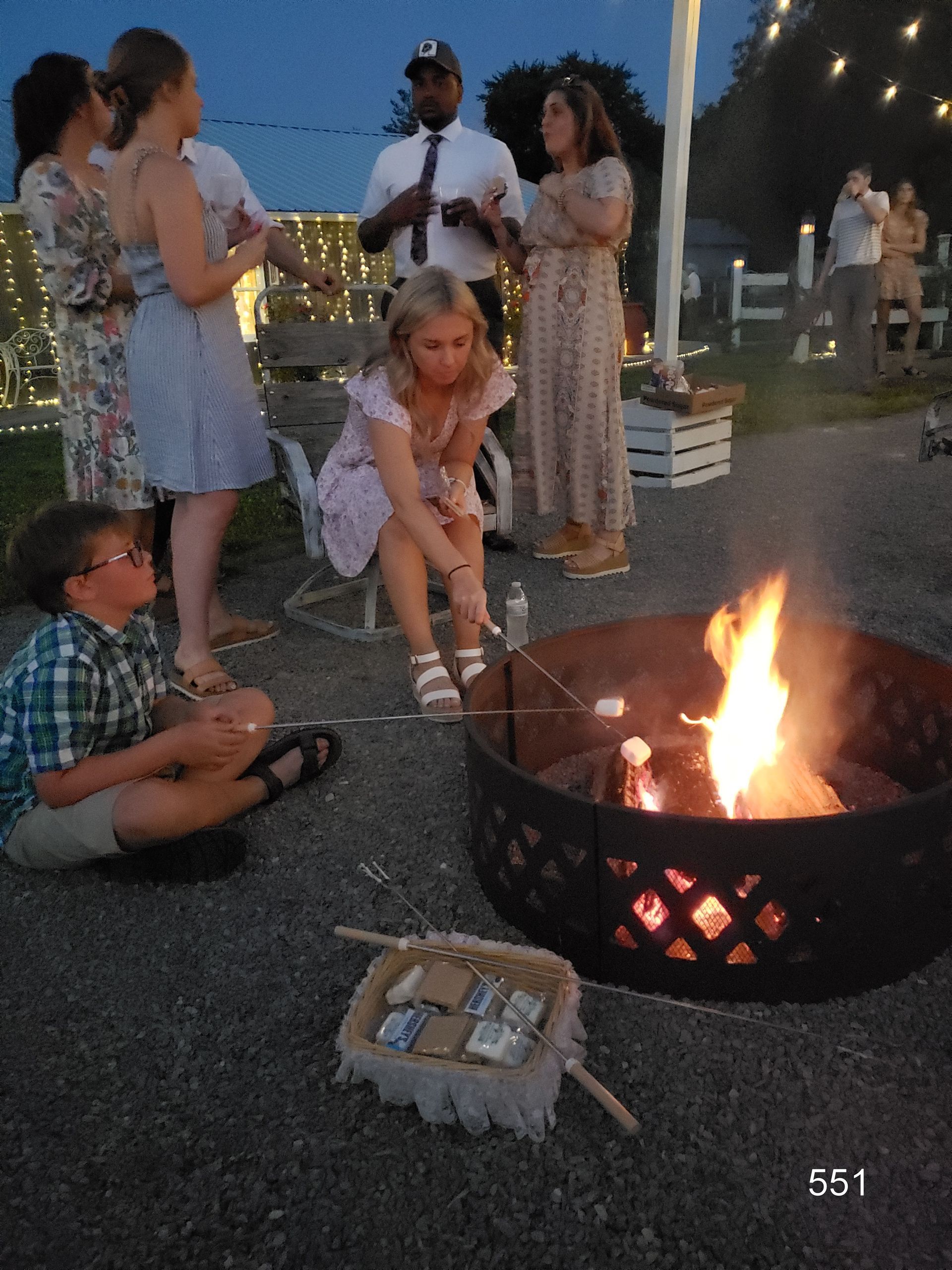 People gathered around a fire pit outdoors at dusk, with one person roasting marshmallows.