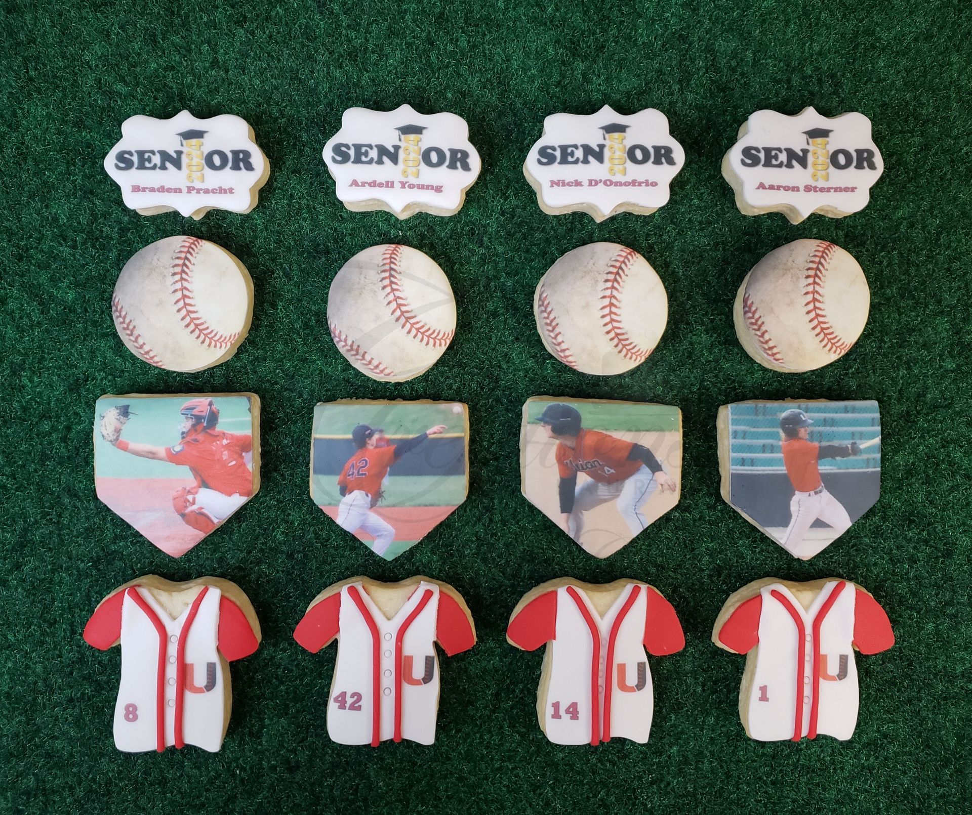 Four rows of senior baseball-themed items: senior logos, baseballs, player cards, and jerseys on green turf.