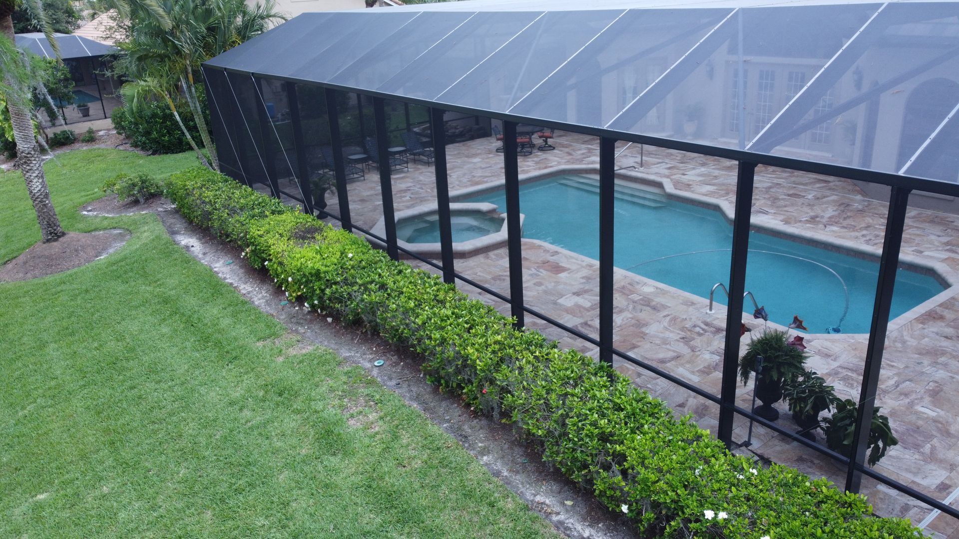 Pool enclosed by a black screen, with manicured green hedge and stone patio.
