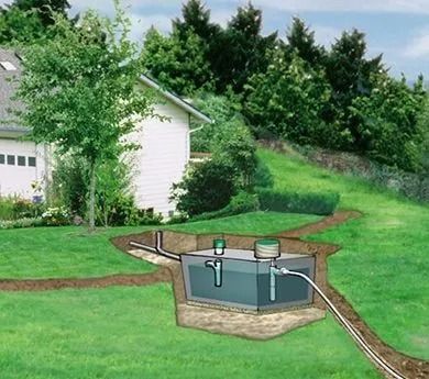 Backyard rainwater collection tank beside a house, connected to a downspout and hose in a grassy yard