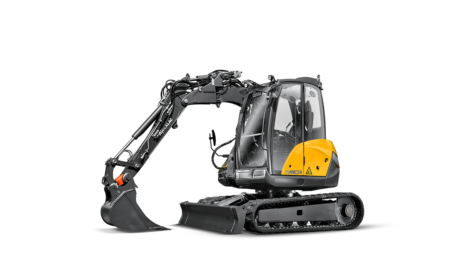 Compact black and gray excavator with orange accents on a white background