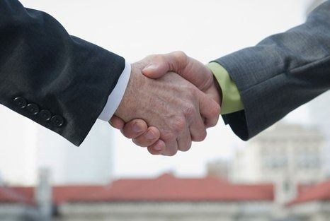Two business people shaking hands, sealing a deal.