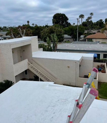 Rooftop view of a white building, ladder, and palm trees under a cloudy sky.