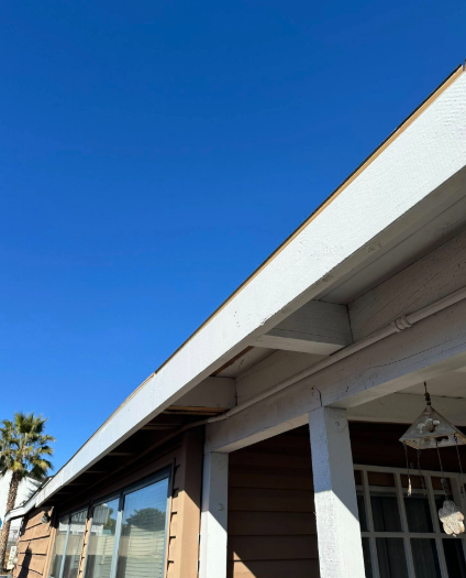 White house roofline against a bright blue sky, with a palm tree and patio in view