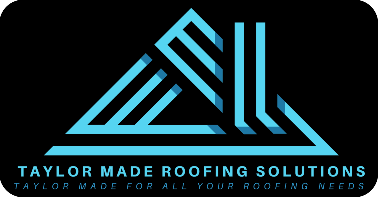 Logo for Taylor Made Roofing Solutions: teal geometric roof design on a black background, with company name and tagline below.