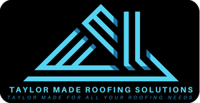 Logo for Taylor Made Roofing Solutions: teal geometric roof design on a black background, with company name and tagline below.
