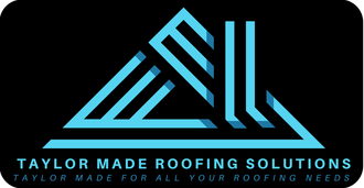 Logo for Taylor Made Roofing Solutions: teal geometric roof design on a black background, with company name and tagline below.