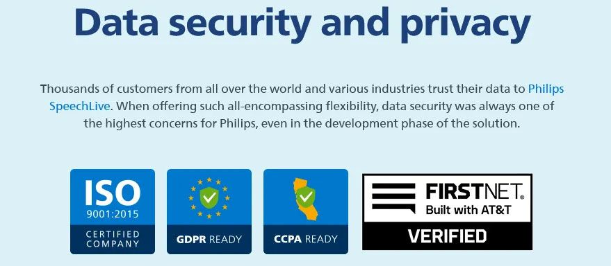 Data security certifications including ISO, GDPR, CCPA, and FirstNet Verified logo.