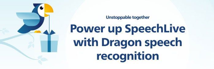 Blue bird delivering a gift, text: "Power up SpeechLive with Dragon speech recognition".