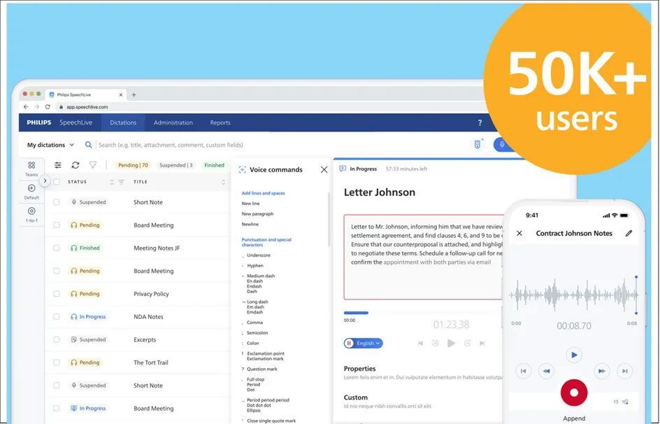 Web application with recorded audio on a phone screen, features 50K+ users.